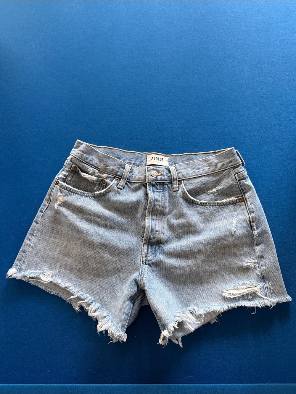 Agolde Light Wash Distressed Denim Jean Shorts